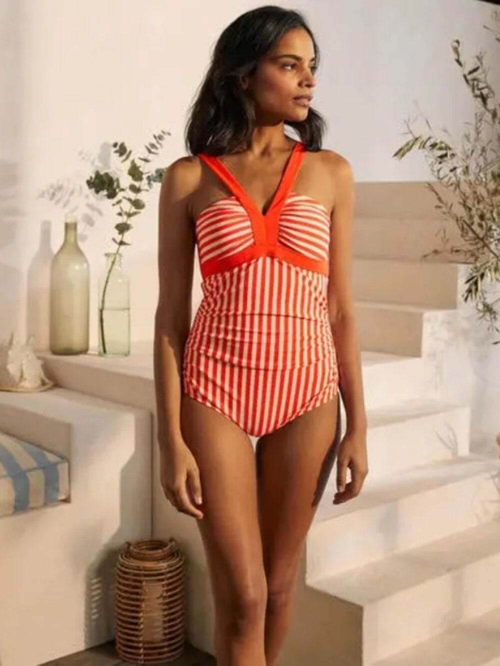 Boden Corsica Orange White Striped One Piece Swimsuit size 2
